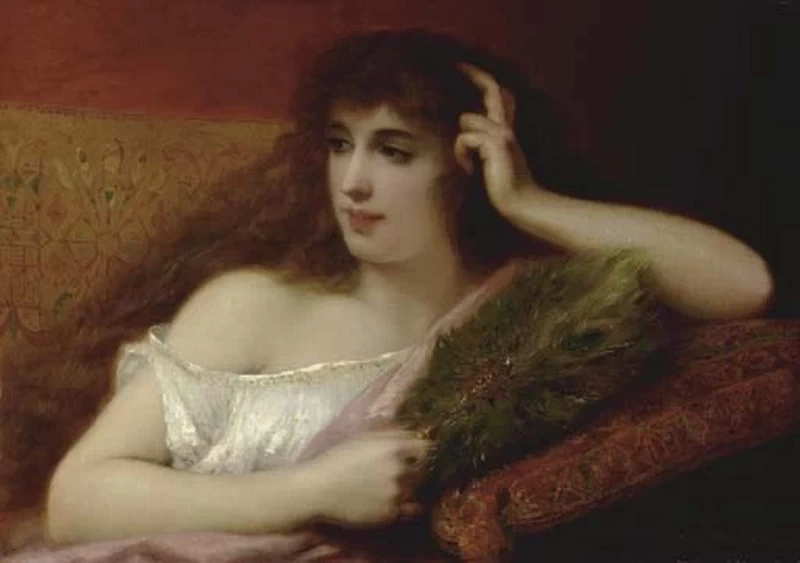 Pierre Olivier Joseph Coomans - Signora che tiene un ventaglio di piume di pavone
